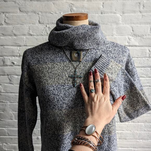 Y2K Vintage Stripes Minimalist Oversize Chunky Knit Striped Turtleneck Sweater - Picture 3 of 7